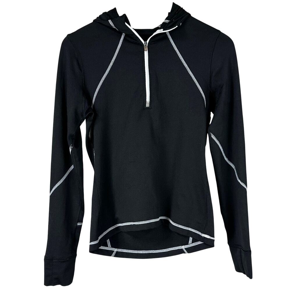 Lululemon Women's Size 8 Half Zip Hooded Pullover Black With White Stitching EUC